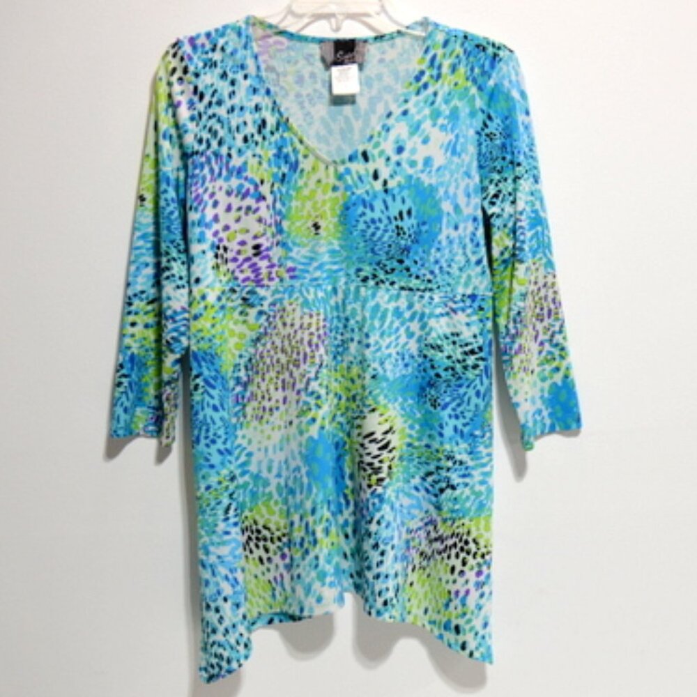 Slinky Brand Women’s Abstract Blue & Green 3/4 Sleeve V-Neck Top – Size: Small